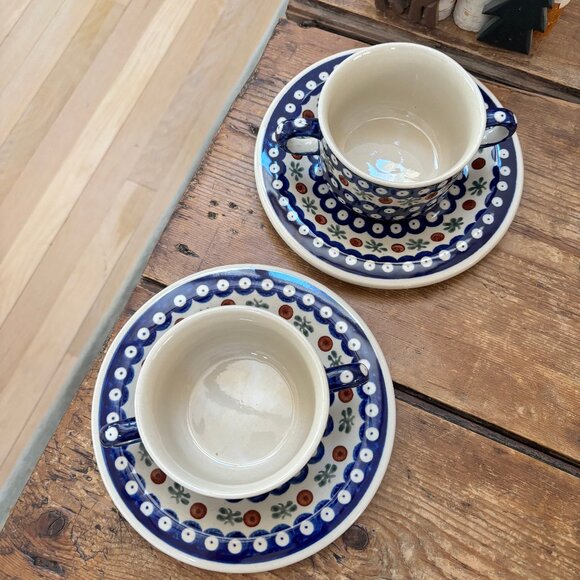 2 x Boleslawiec Polish Pottery French Onion Soup Bowls with Plates - Picture 2 of 10